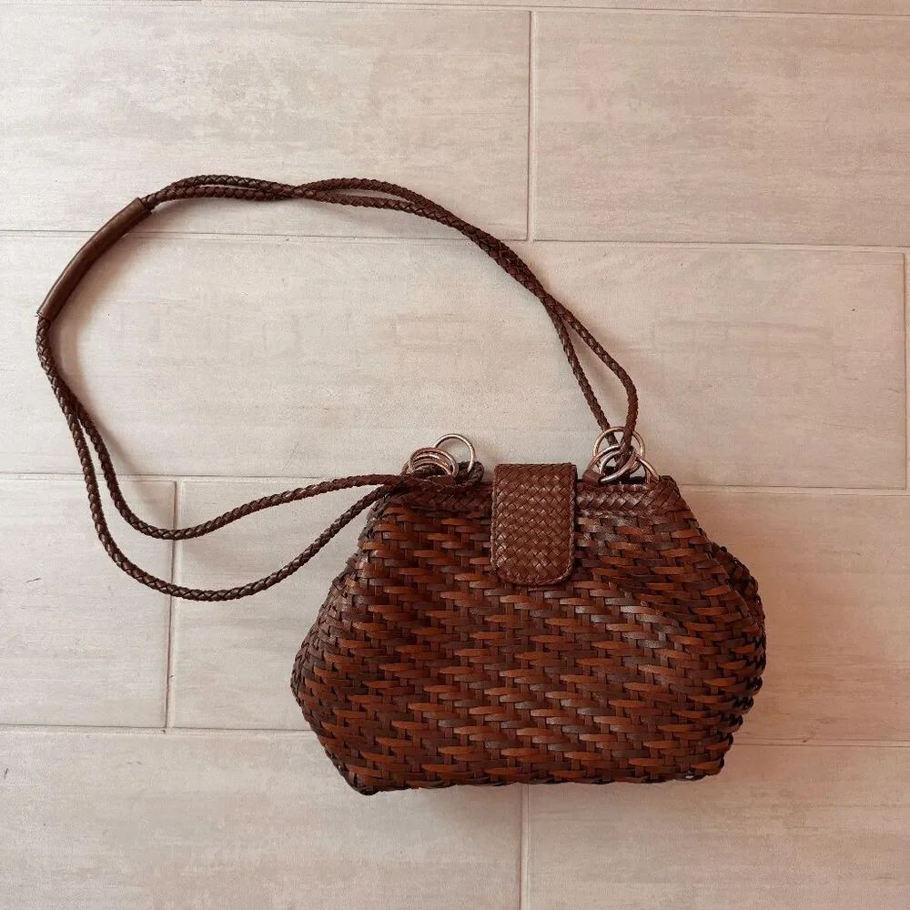 Brown Tones Woven Raffia and Leather Mini Round Box Shoulder Bag 70s Style Boho